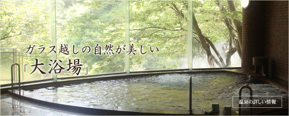 ガラス越しの自然が美しい「大浴場」　自然湧出・源泉かけ流し・四国有数の「含鉄泉」